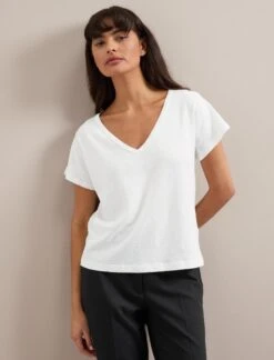 Madison Linen Blend V Neck Knit T-Shirt - White -The Modern Femme Sales SU24 K187 MADISON WHITE LS 3606