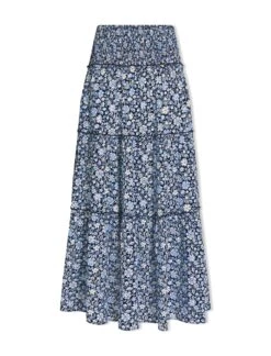 Kira Cotton Blend Maxi Skirt - Blue Ditsy Carnation Print -The Modern Femme Sales SU24 SK169 KIRA BLUEDITSYCARNATIONPRINT CO