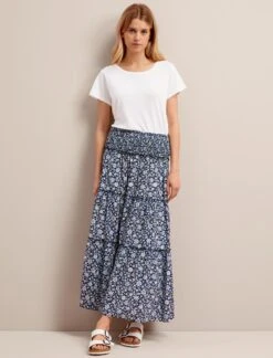 Kira Cotton Blend Maxi Skirt - Blue Ditsy Carnation Print -The Modern Femme Sales SU24 SK169 KIRA BLUEDITSYCARNATIONPRINT LS 26597