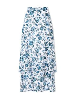 Lotta Cotton Blend Maxi Skirt - White Blue Palm Floral -The Modern Femme Sales SU24 SK189 LOTTA WHITEBLUEPALMFLORALPRINT CO