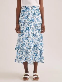 Lotta Cotton Blend Maxi Skirt - White Blue Palm Floral -The Modern Femme Sales SU24 SK189 LOTTA WHITEBLUEPALMFLORAL LS 2315