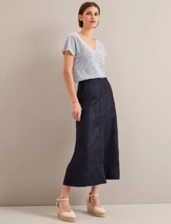 Safia Techni Linen Midi Skirt - Navy -The Modern Femme Sales SU24 SK190 SAFIA NAVY LS 24953