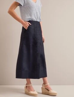 Safia Techni Linen Midi Skirt - Navy -The Modern Femme Sales SU24 SK190 SAFIA NAVY LS 25073