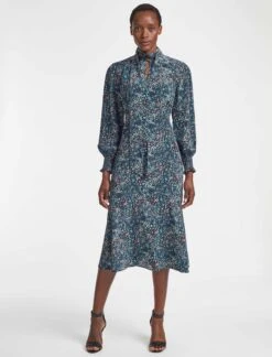 Dakota Silk Midi Dress - Beige Blue Leopard Pansy Print