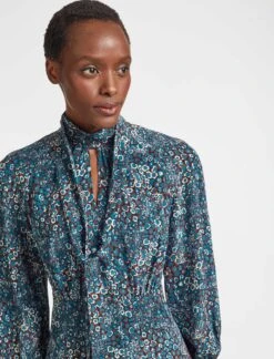 Dakota Silk Midi Dress - Beige Blue Leopard Pansy Print -The Modern Femme Sales WI21 D383 DAKOTA LEOPARD PANSY PRINT BEIGE BLUE LS 16545