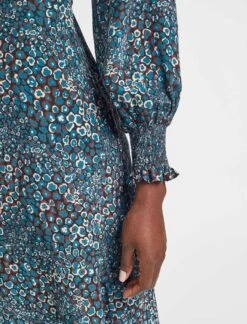 Dakota Silk Midi Dress - Beige Blue Leopard Pansy Print -The Modern Femme Sales WI21 D383 DAKOTA LEOPARD PANSY PRINT BEIGE BLUE LS 16553