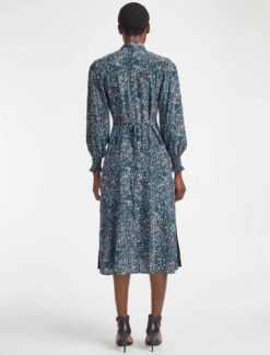 Dakota Silk Midi Dress - Beige Blue Leopard Pansy Print -The Modern Femme Sales WI21 D383 DAKOTA LEOPARD PANSY PRINT BEIGE BLUE LS 16573