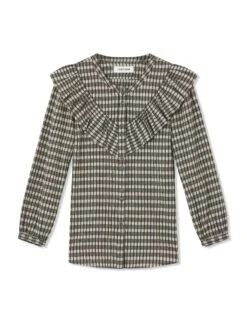 Nessa Long Sleeve Frill Cotton Seersucker Blouse - Black/Cream Check -The Modern Femme Sales WI21 S47 NESSA BLACKCREAM CO