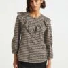 Nessa Long Sleeve Frill Cotton Seersucker Blouse - Black/Cream Check -The Modern Femme Sales WI21 S47 NESSA BLACK CREAM LS 1265
