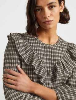 Nessa Long Sleeve Frill Cotton Seersucker Blouse - Black/Cream Check -The Modern Femme Sales WI21 S47 NESSA BLACK CREAM LS 1286