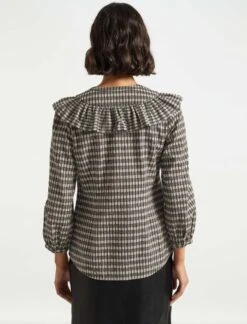 Nessa Long Sleeve Frill Cotton Seersucker Blouse - Black/Cream Check -The Modern Femme Sales WI21 S47 NESSA BLACK CREAM LS 1290