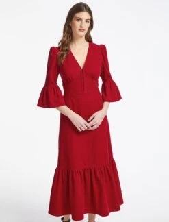 Daphne Pin Corduroy V Neck Maxi Dress - Red -The Modern Femme Sales WI22 D390 DAPHNE V NECK RED LS 0718