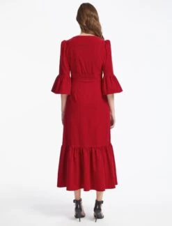 Daphne Pin Corduroy V Neck Maxi Dress - Red -The Modern Femme Sales WI22 D390 DAPHNE V NECK RED LS 0734