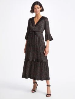 Cordelia V Neck Maxi Dress - Red Blue Wiggle Print -The Modern Femme Sales WI22 D465 CORDELIA RED BLUE WIGGLEPRINT LS 2705