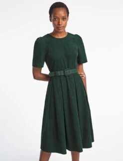 Felicity Pin Corduroy Midi Dress With Belt - Forest Green -The Modern Femme Sales WI22 D472 FELICITY FORESTGREEN LS 2588