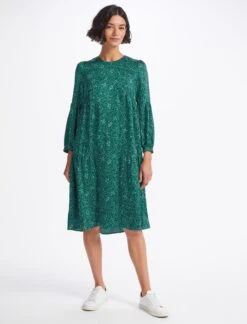 Hester Trapeze Midi Dress - Green White Wiggle Print