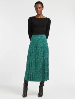 Savannah Pleated Maxi Skirt - Green White Wiggle Print -The Modern Femme Sales WI22 SK122 SAVANNAH GREEN WHITE WIGGLEPRINT LS 1528