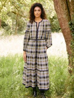 Katie Organic Cotton Seersucker Maxi Dress - Navy Yellow -The Modern Femme Sales katie sis c0aecd1e 7cf8 4697 b523 effb9fe50de5